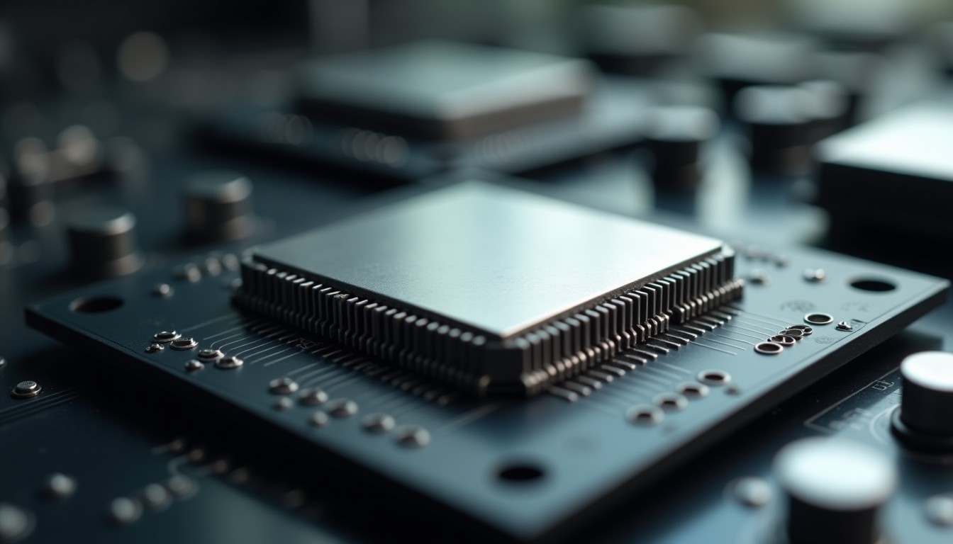 Superconducting quantum processor chip on a dark board with silver traces and qubit nodes, industrial lighting.