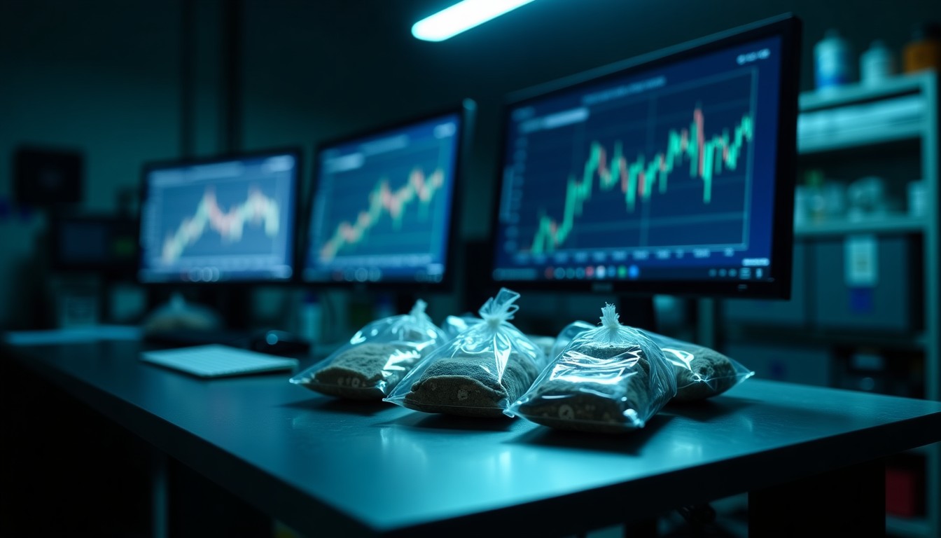 Forensic lab workbench with evidence bags and hardware wallets, monitors displaying network graphs under blue light