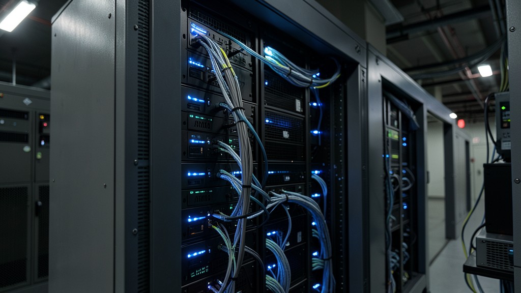 Server rack with hardware security modules and fiber cables in a dim data center