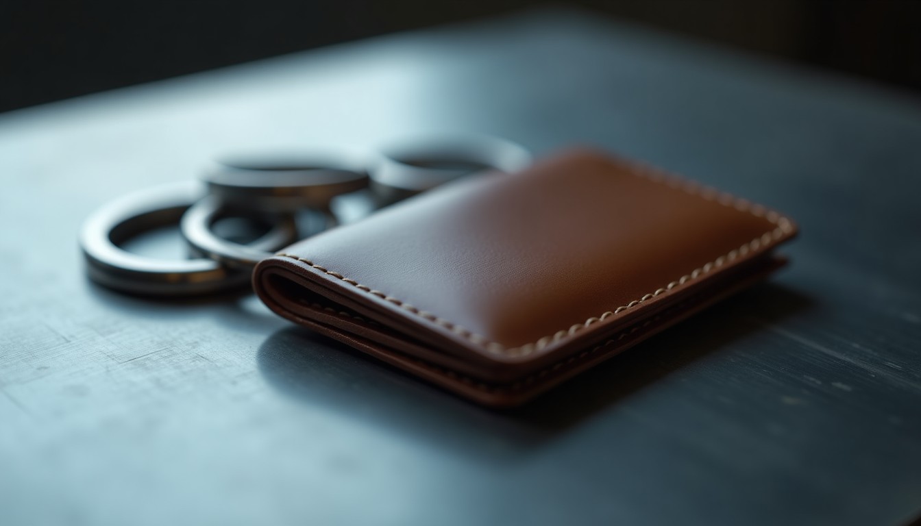 Leather wallet on brushed steel with three interlocking metal rings symbolizing multichain trading, industrial muted tones.