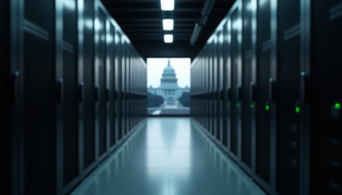 Server racks in a data center with a blurred government building silhouette in the background.